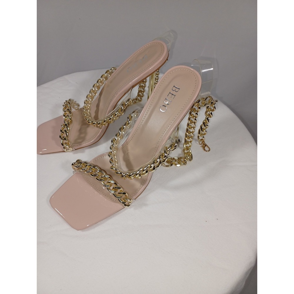 BEBO Mighty Chain Strap Heels‎ Womens Size UK 6 Clear Beige Gold High Heel Shoes